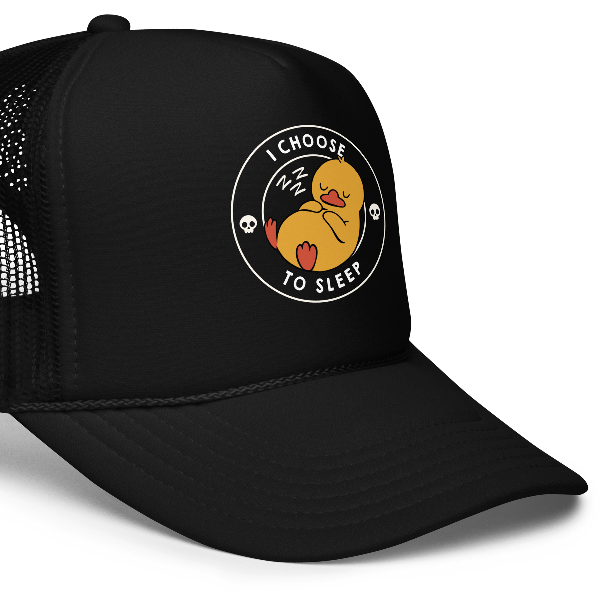 A cute, cartoonish yellow duck is peacefully sleeping with a contented expression. Its webbed feet and wings are tucked in. Around it, the words 'I Choose to Sleep' are inscribed in white letters. Two small skulls accompany this text, adding a humorous, edgy touch. The design is simple, charming, and playful, appealing to fans of ironic, whimsical art.