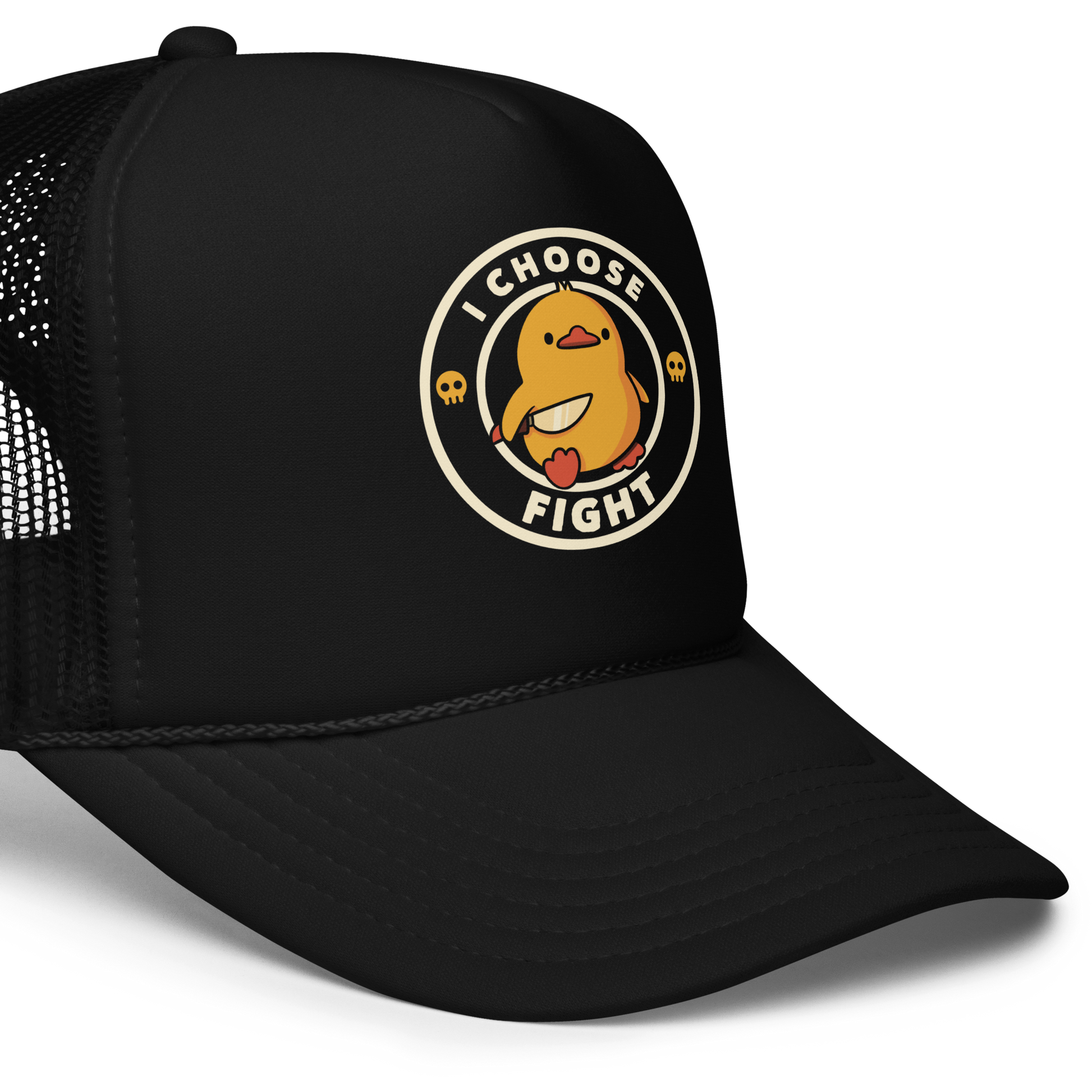 The image displays a cute, cartoon-style yellow duck character holding a knife with a determined expression. The duck is centered inside a circular design with the text 'I CHOOSE FIGHT' around it. Two small skulls flanking the duck add a humorous, combative touch to the design.