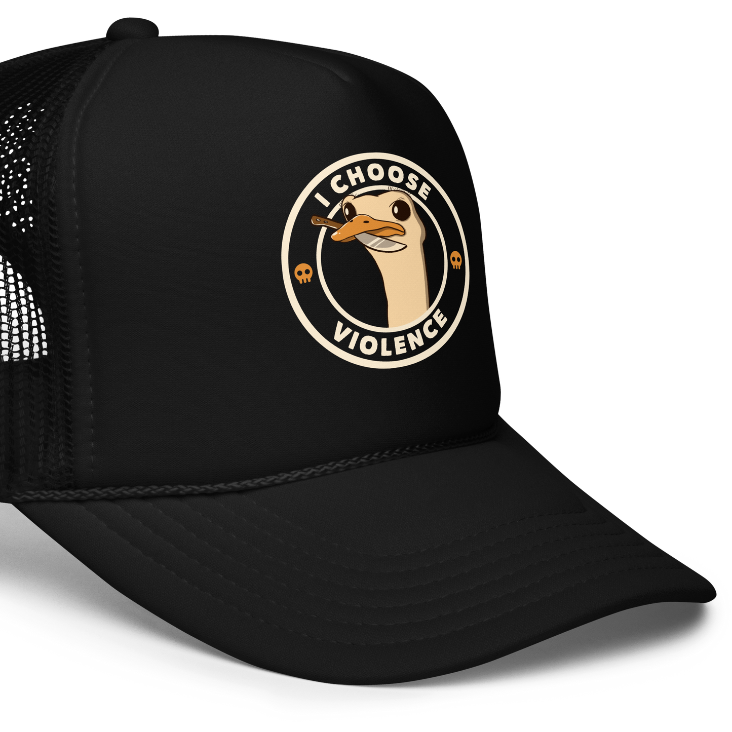 A cartoonish emu with large, expressive eyes holds a knife in its beak, suggesting a humorous and ironic menacing look. The image is framed by two circles, with the text 'I CHOOSE VIOLENCE' around the inner circle. Two small skull icons are placed on either side below the text.
