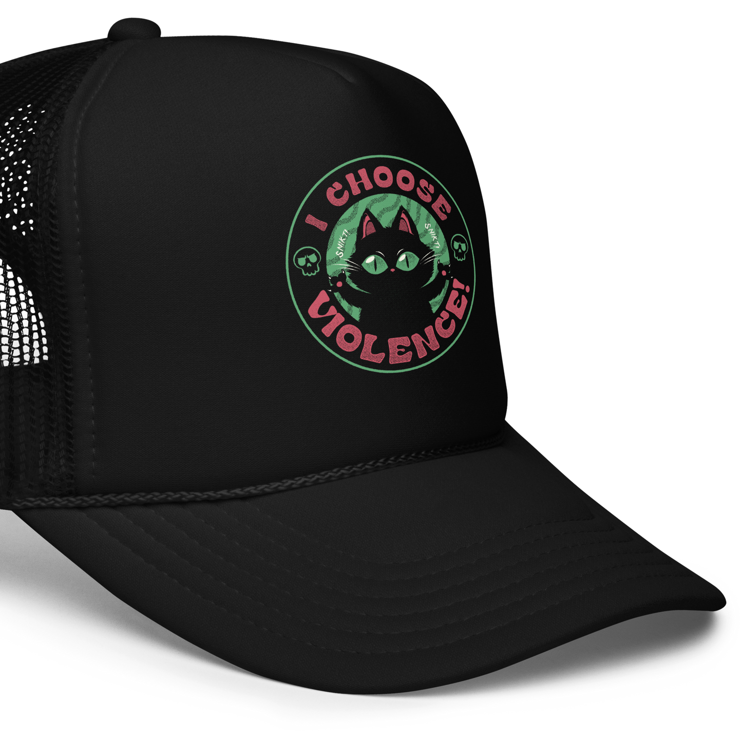 The image features a black cartoon-like cat with large, bright eyes and pointed ears, with a defiant look on its face. The cat is centered within a circular border. Surrounding the cat, the text reads 'I CHOOSE VIOLENCE!' in bold, playful font. There are also small skull illustrations flanking the cat on either side, adding a dark yet humorous tone to the design.