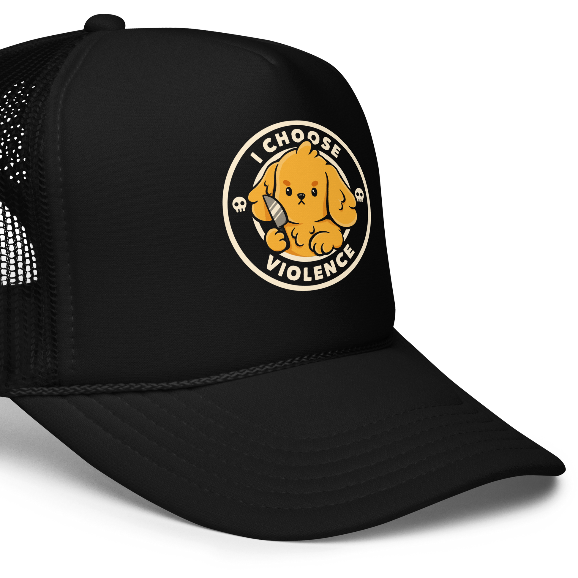 A cute yellow cartoon dog holds a small knife, surrounded by a circular logo that reads 'I Choose Violence'. The dog's expression is serious, yet the overall style is playful and cute. Two small skull icons are on either side, adding an ironic tone to the cheerful design.