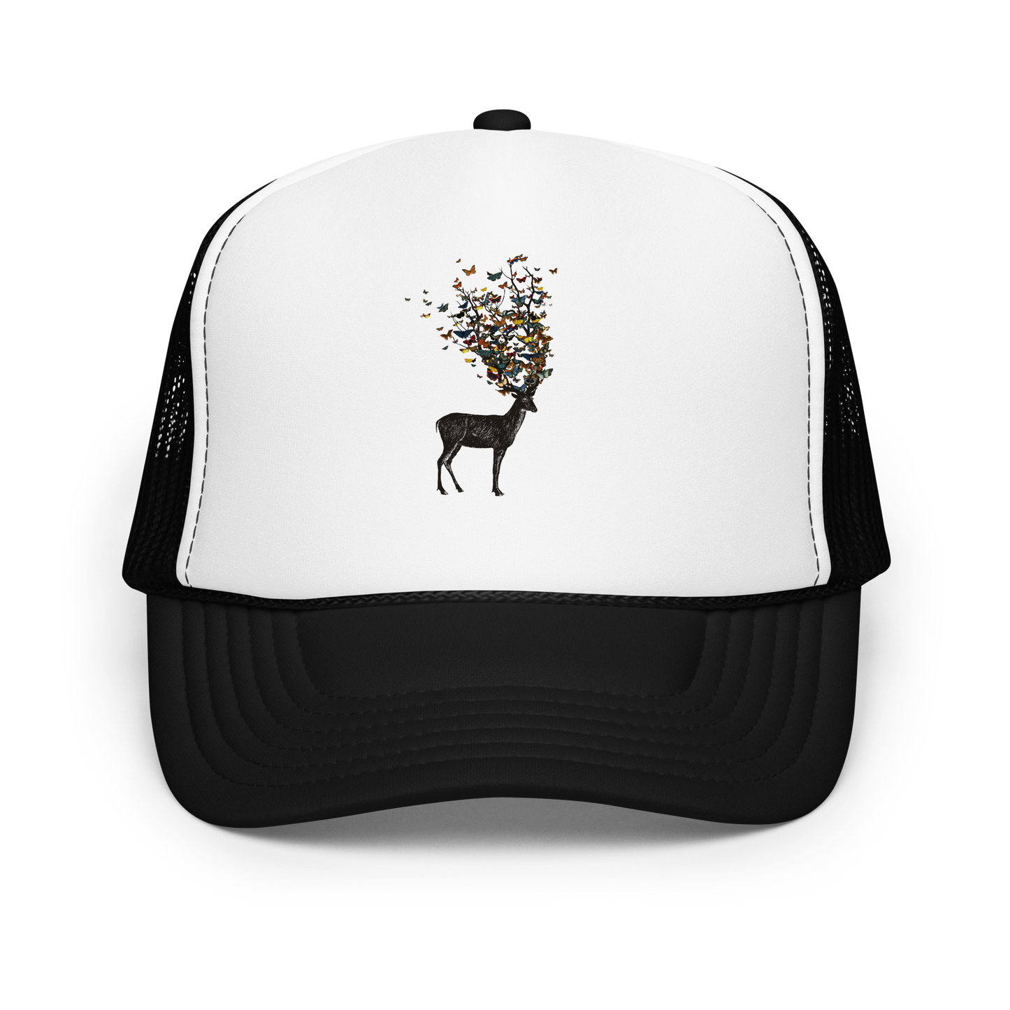 The image depicts a dark, silhouetted deer standing on a neutral background. Instead of branches, its antlers transform into a swirling cloud of vibrant, colorful butterflies that extend upwards and outward. The mix of organic and ethereal elements creates a captivating and whimsical visual contrast.