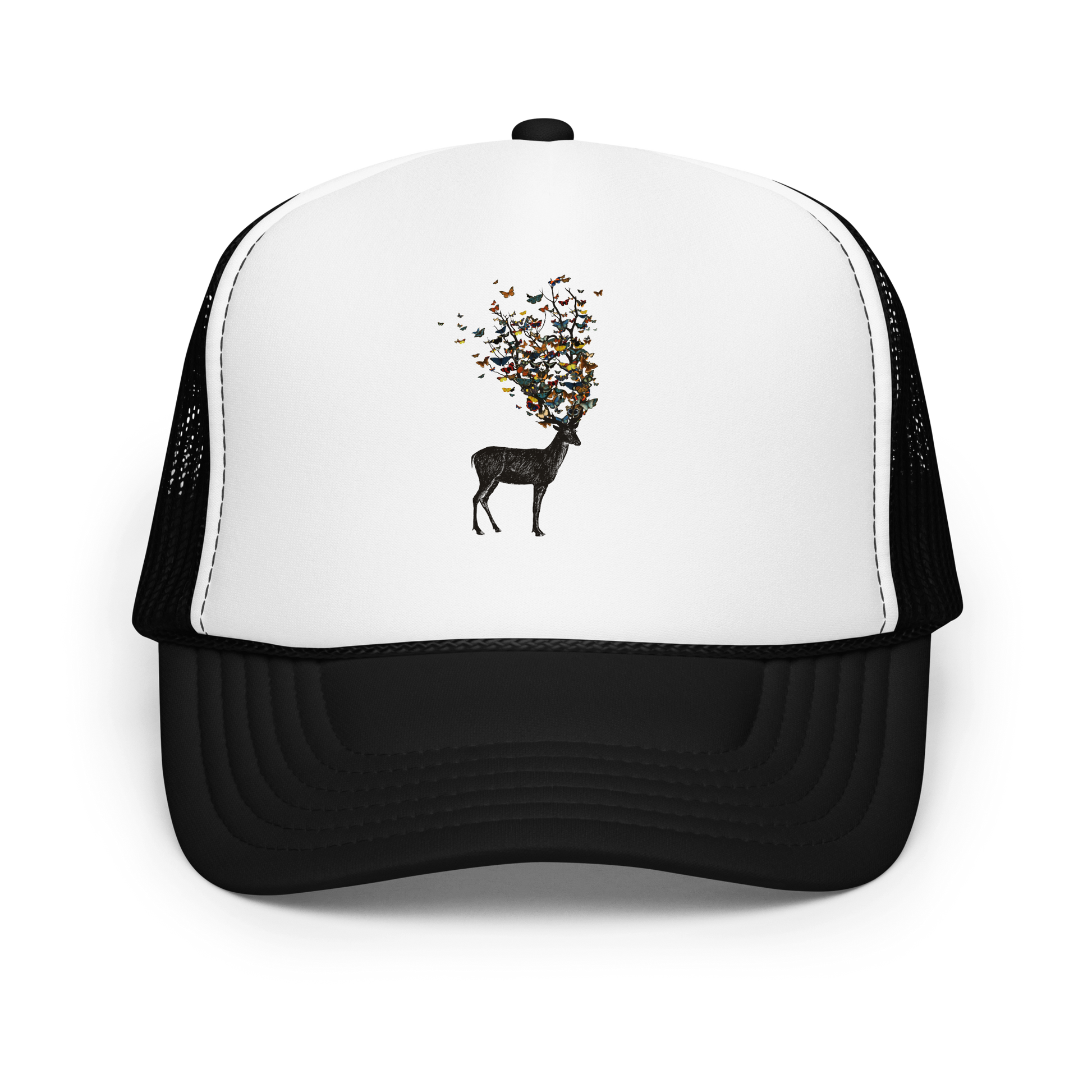 The image depicts a dark, silhouetted deer standing on a neutral background. Instead of branches, its antlers transform into a swirling cloud of vibrant, colorful butterflies that extend upwards and outward. The mix of organic and ethereal elements creates a captivating and whimsical visual contrast.