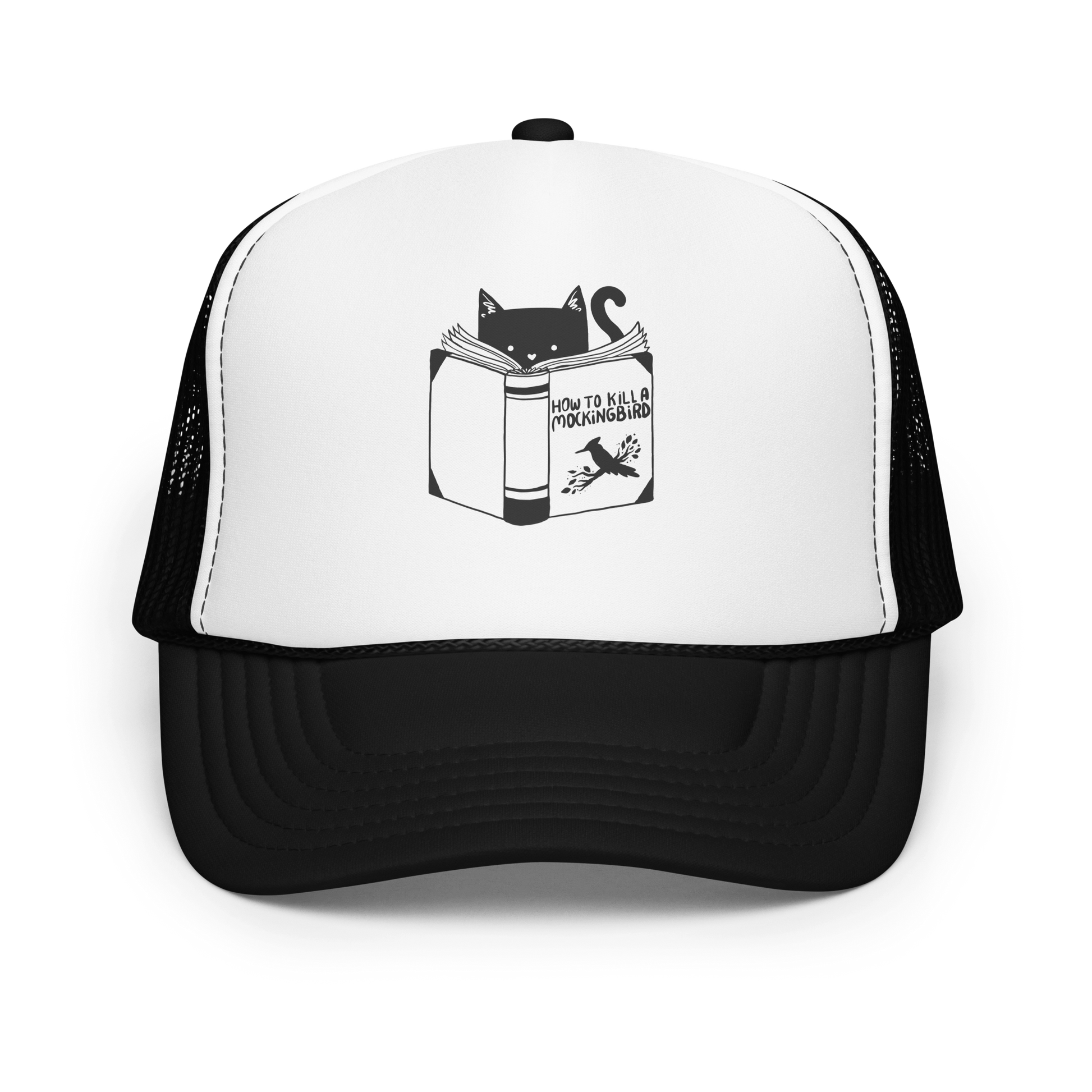 A black and white illustration features a cat peeking over an open book titled 'How to Kill a Mockingbird,' playfully altering the classic novel's title. The cat has a heart-shaped nose and simple, cute facial features. The design is whimsical and ironic, combining classic literature with a humorous twist.