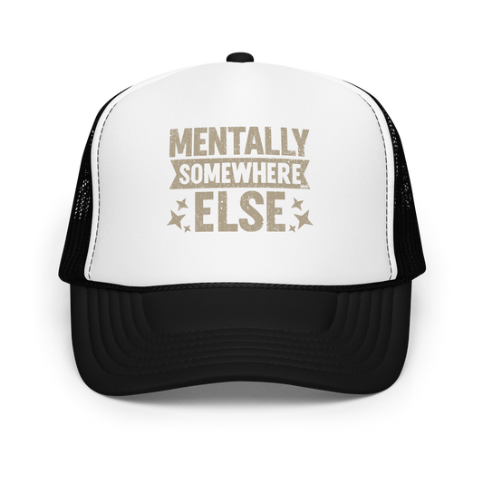 Distressed vintage-style text graphic displaying the phrase “Mentally Somewhere Else,” decorated with scattered star icons and a bold, textured font.
