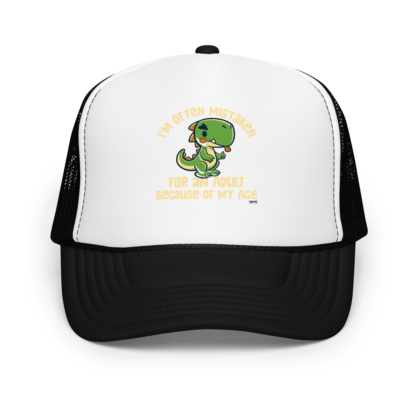 Cute cartoon dinosaur standing with a funny expression, accompanied by the humorous phrase “I’m Often Mistaken for an Adult Because of My Age” in bold distressed lettering.