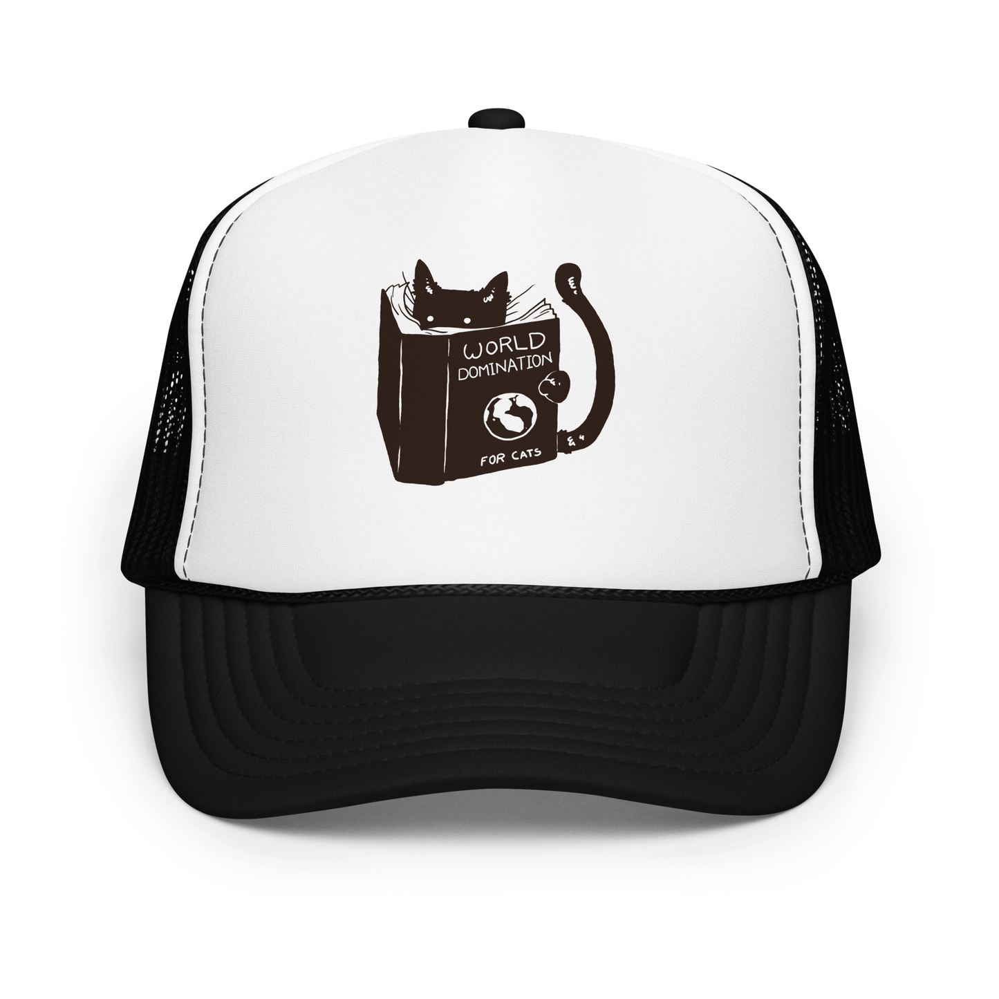 The design features a black silhouette of a cat peeking from behind an oversized book. The book's cover reads 'World Domination for Cats,' and includes a simple drawing of a globe. The cat's eyes are wide open, suggesting either surprise or intense focus on its 'world domination' plans.