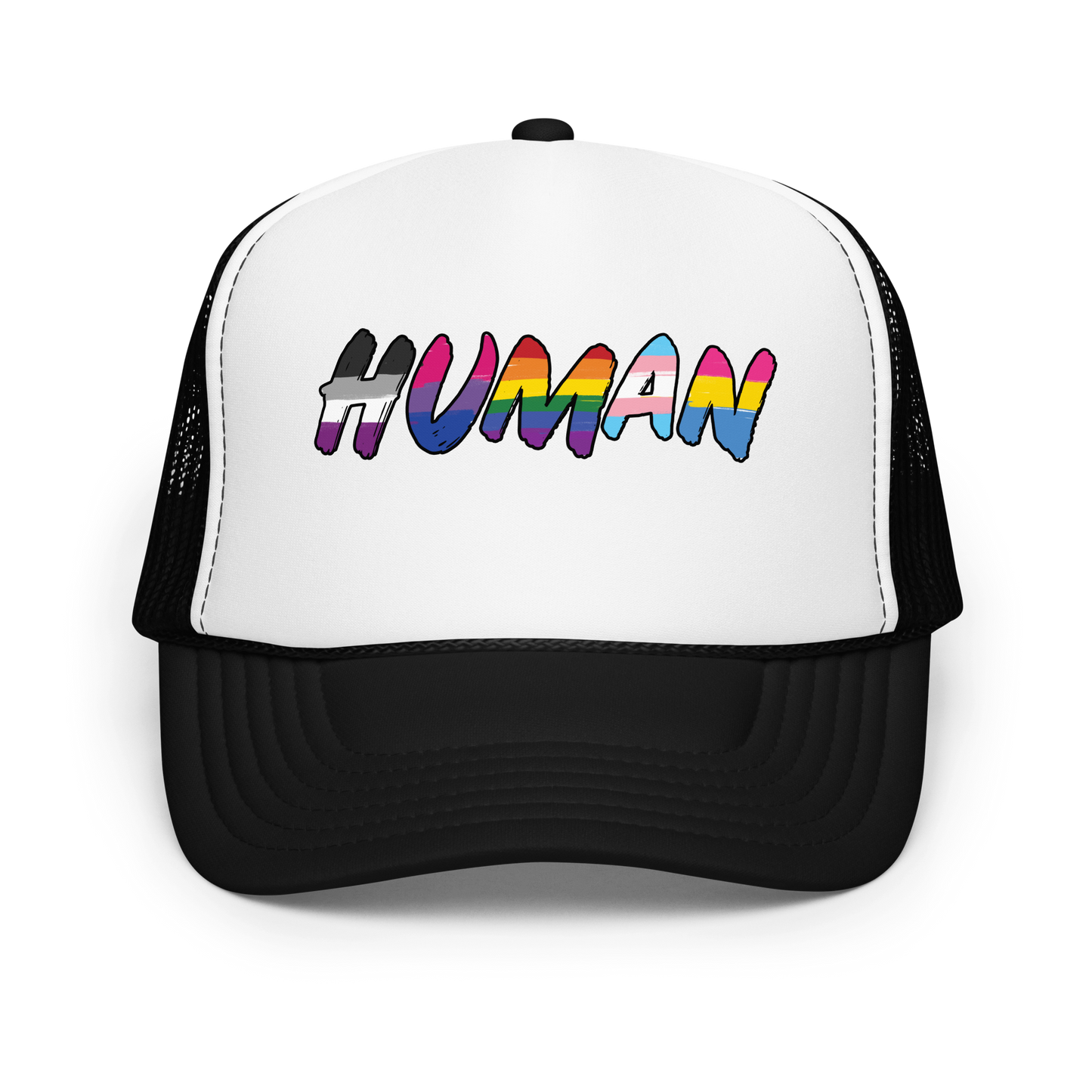 The image displays the word 'HUMAN' in bold, capitalized letters filled with colorful pride flag patterns. The colors within the letters represent different LGBTQ+ pride flags, symbolizing inclusivity and diversity. The background is solid black, which makes the colorful patterns stand out more vibrantly.