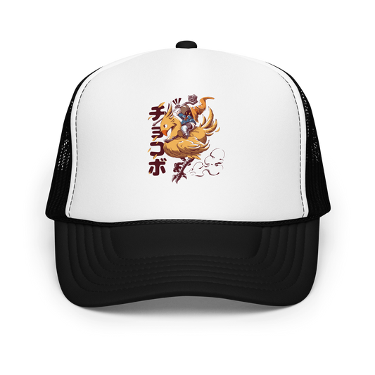 A speedy yellow bird dashes forward with a tiny mage rider gripping tight and ready for action. A fun and nostalgic design full of movement and fantasy charm.