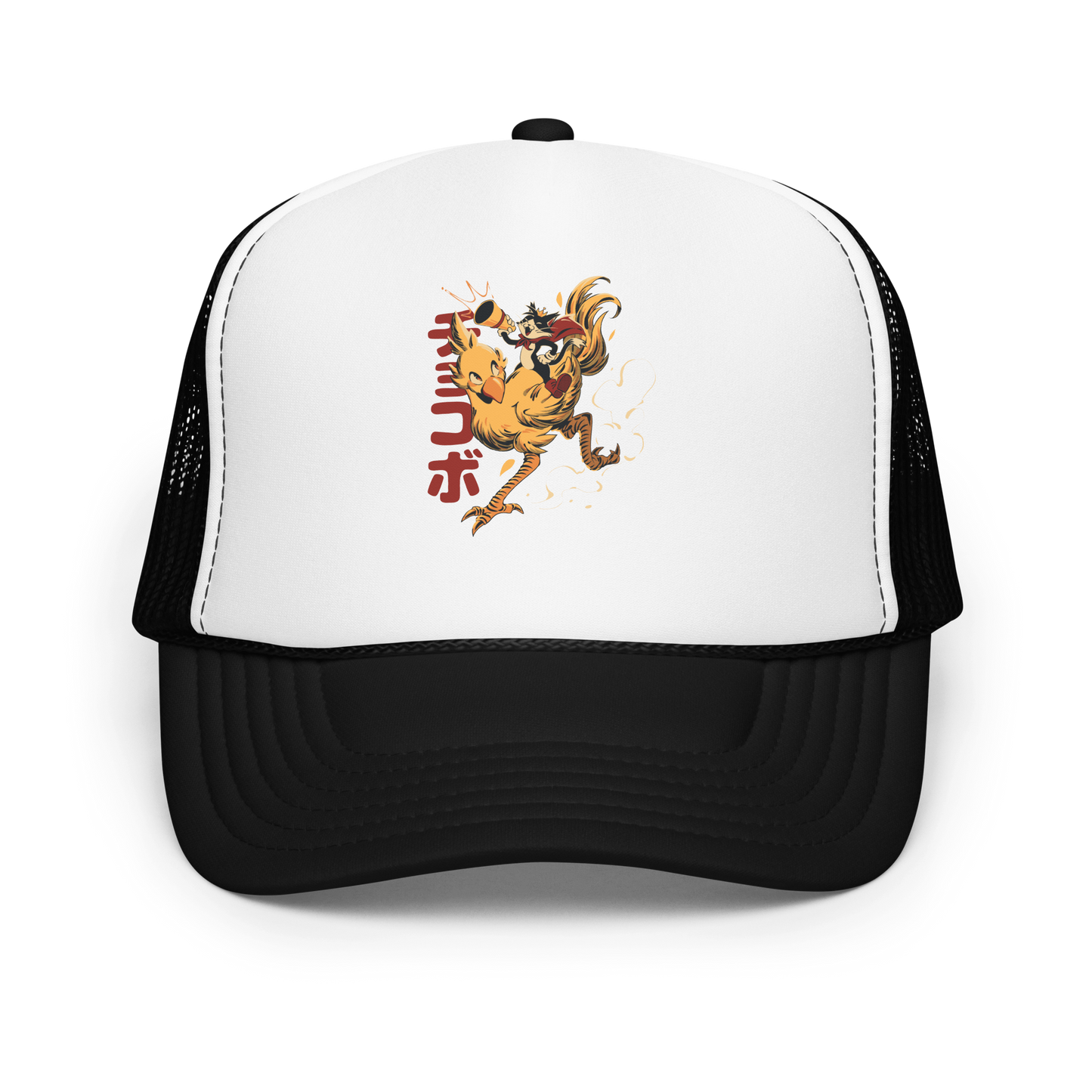 A stylized cartoon illustration of a confident cat wearing a cape and crown while riding a large yellow bird at full speed, with dynamic motion lines and Japanese writing in the background.