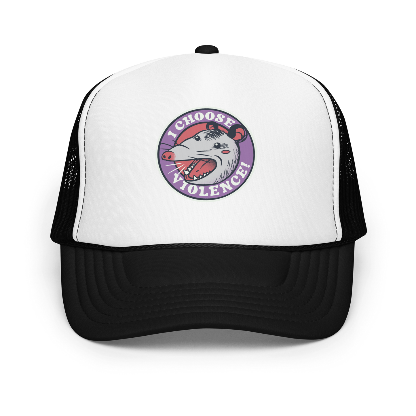 A circular design featuring an opossum with an open mouth showing sharp teeth, set against a red and purple background. Surrounding the animal, the text reads 'I Choose Violence!' in bold, white letters. The opossum has a somewhat comical yet aggressive expression. The design has an edgy, cartoon-like style, suitable for various products like t-shirts and stickers.