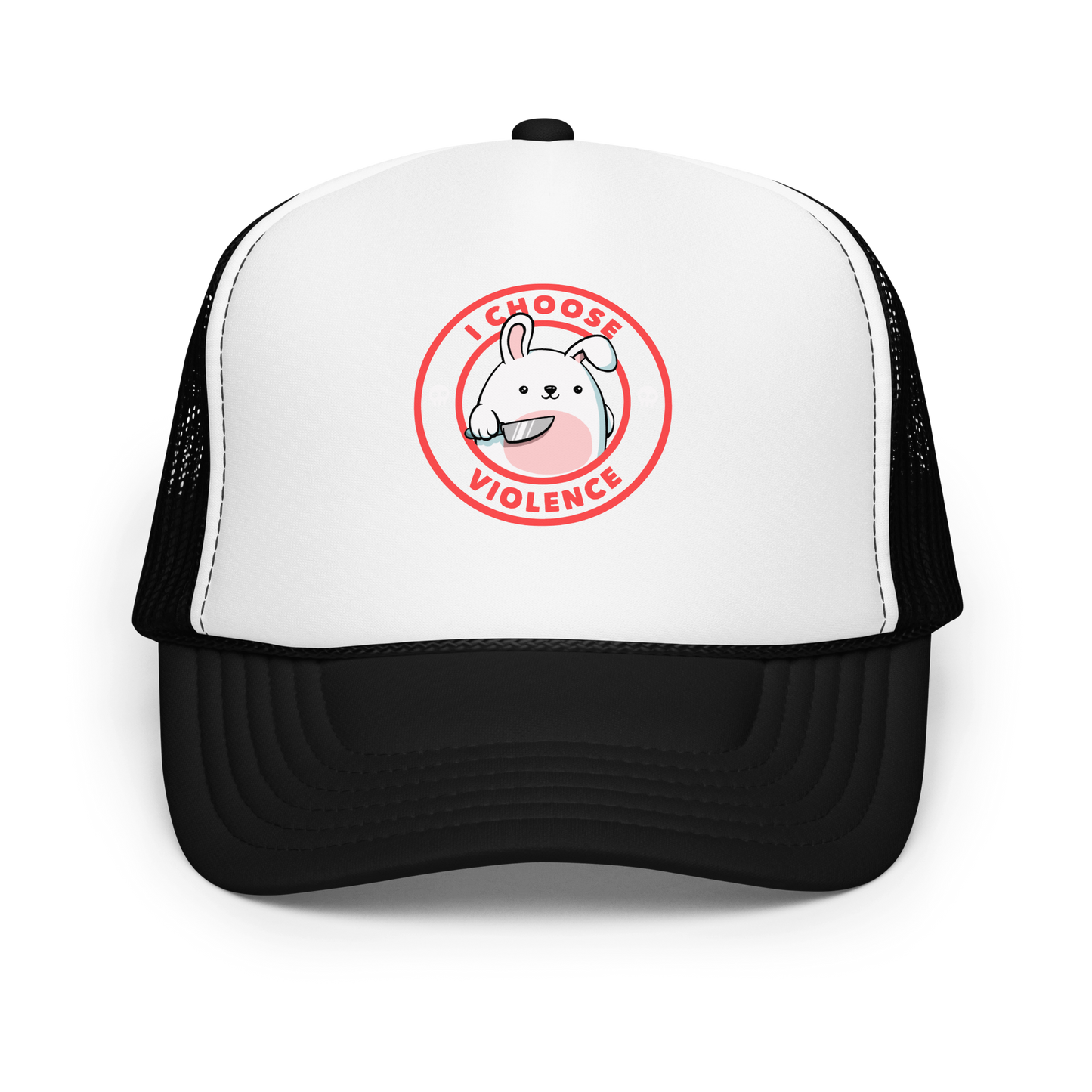 A cute white cartoon bunny with a pink belly stands holding a large kitchen knife in one paw. Surrounding the bunny is a red circular border with the words 'I CHOOSE VIOLENCE'. Small skull icons are on either side of the circle. The overall tone is a mix of adorable and ironic humor.