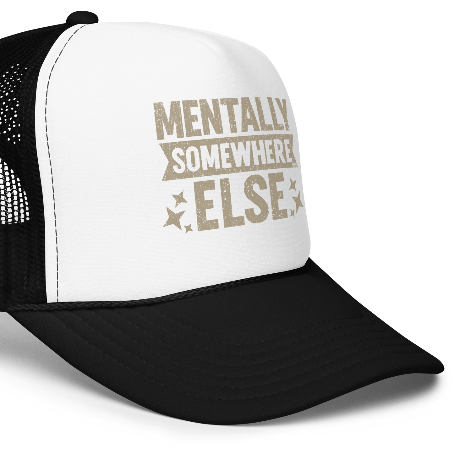 Distressed vintage-style text graphic displaying the phrase “Mentally Somewhere Else,” decorated with scattered star icons and a bold, textured font.