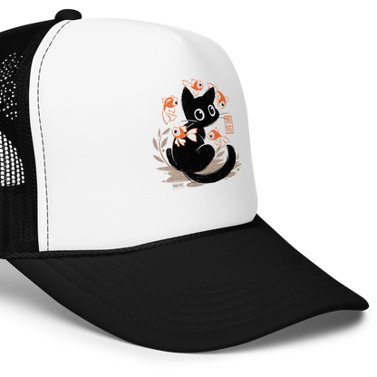 This unique design features a charming black cat amidst playful koi, rendered in beautiful Sumi-e ink style. A perfect blend of Japanese art and anime whimsy for any cat lover.