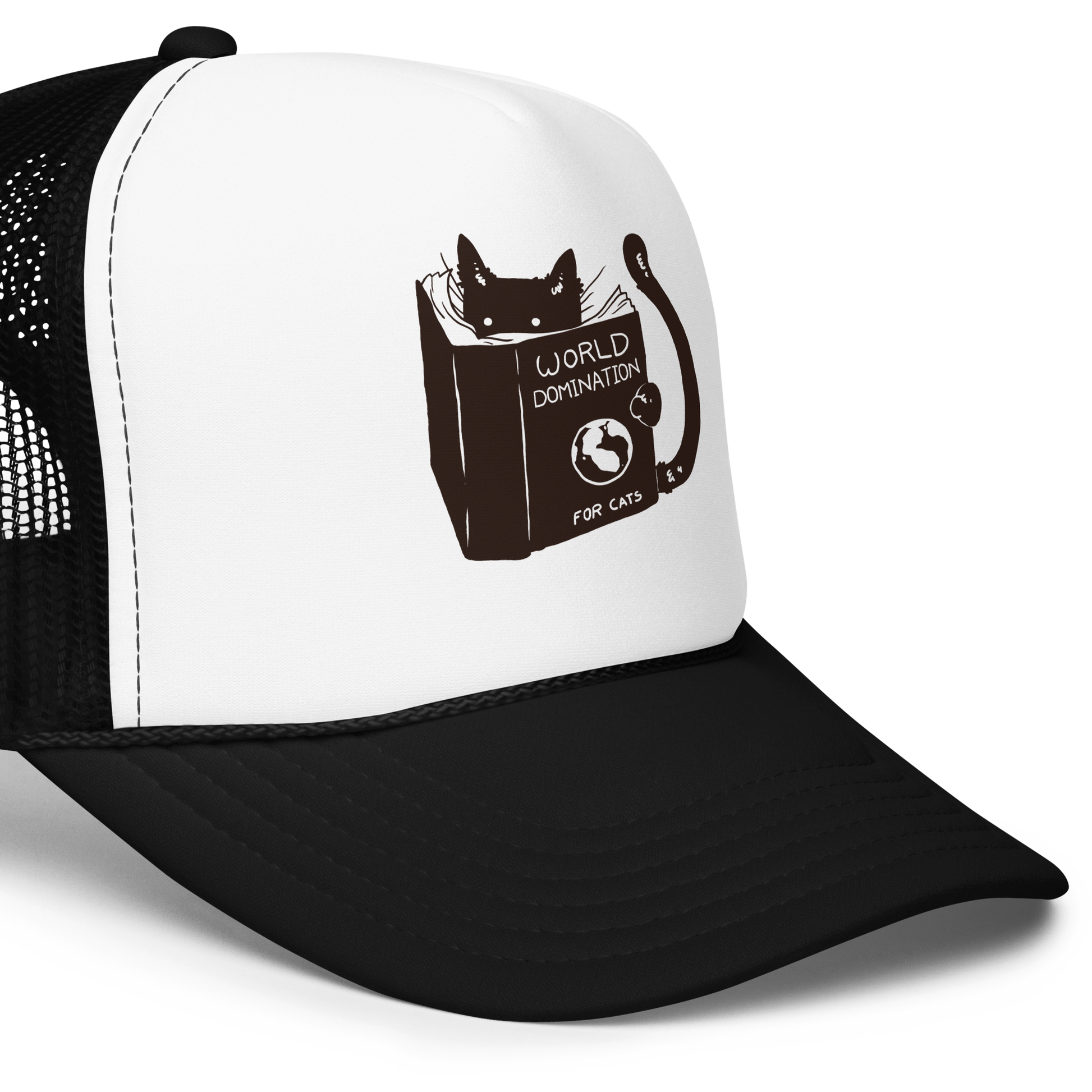 The design features a black silhouette of a cat peeking from behind an oversized book. The book's cover reads 'World Domination for Cats,' and includes a simple drawing of a globe. The cat's eyes are wide open, suggesting either surprise or intense focus on its 'world domination' plans.