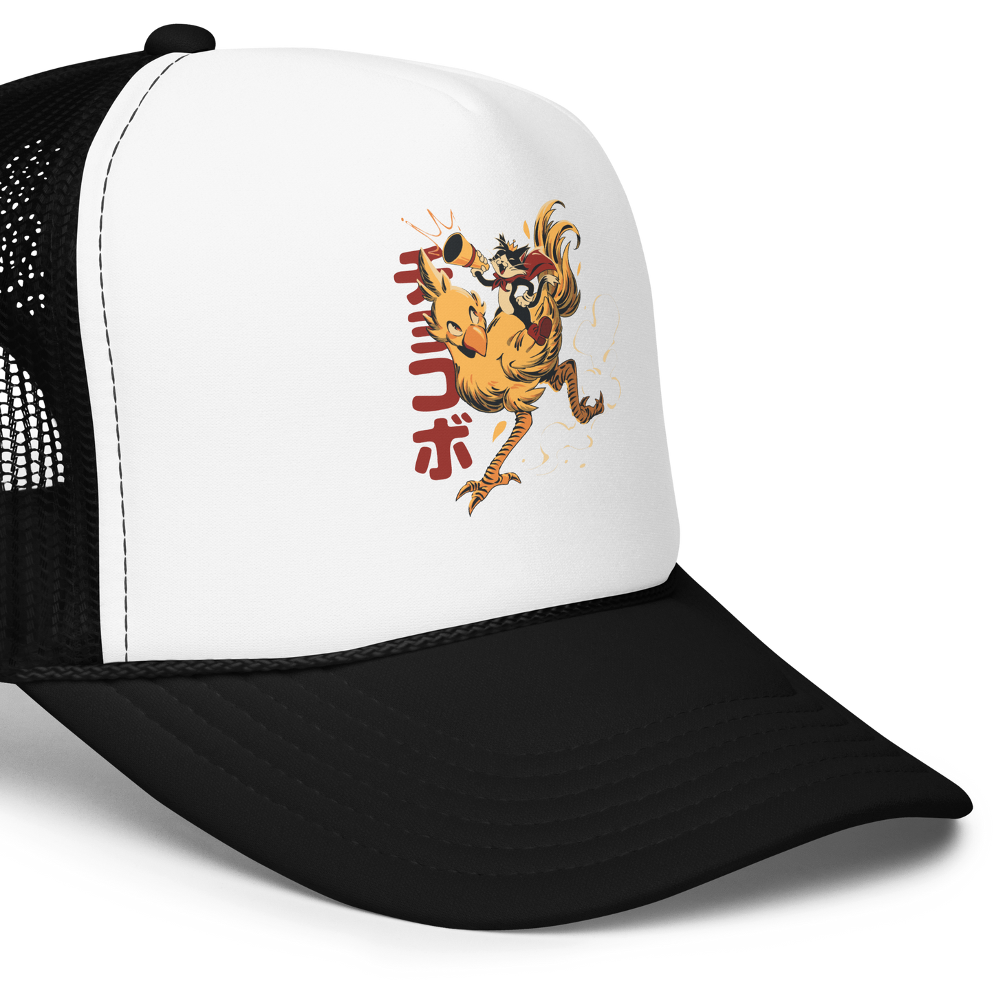 A stylized cartoon illustration of a confident cat wearing a cape and crown while riding a large yellow bird at full speed, with dynamic motion lines and Japanese writing in the background.