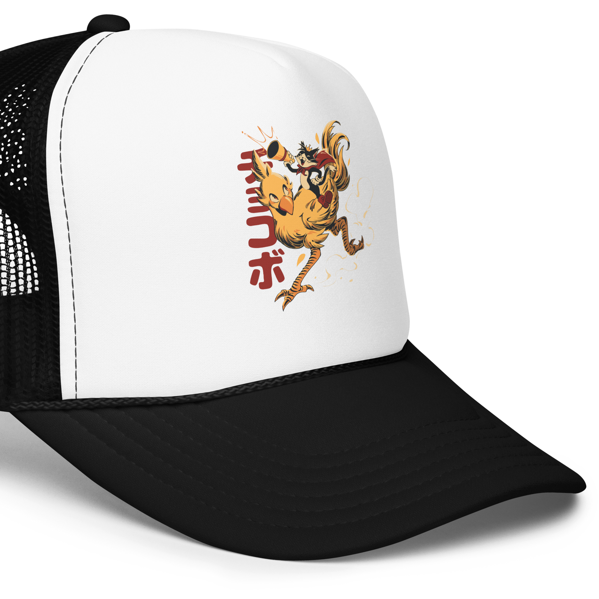 A stylized cartoon illustration of a confident cat wearing a cape and crown while riding a large yellow bird at full speed, with dynamic motion lines and Japanese writing in the background.