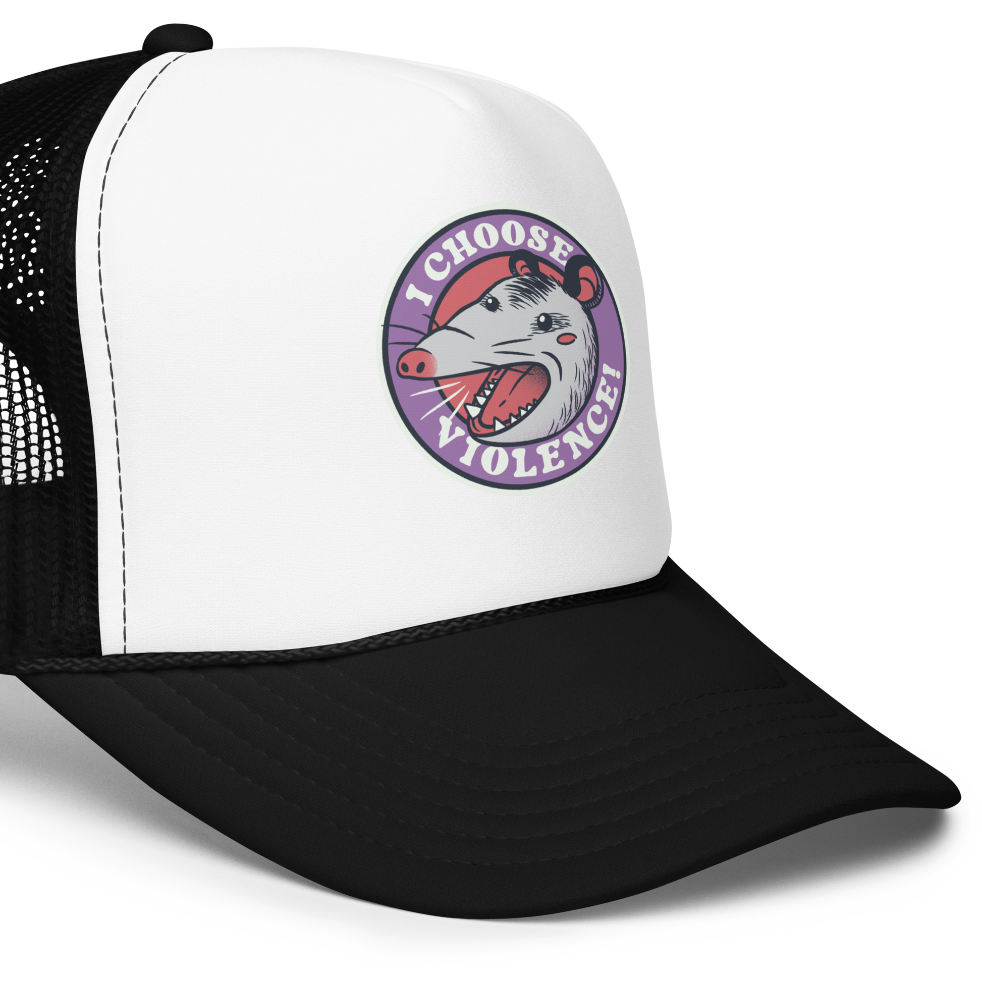 A circular design featuring an opossum with an open mouth showing sharp teeth, set against a red and purple background. Surrounding the animal, the text reads 'I Choose Violence!' in bold, white letters. The opossum has a somewhat comical yet aggressive expression. The design has an edgy, cartoon-like style, suitable for various products like t-shirts and stickers.