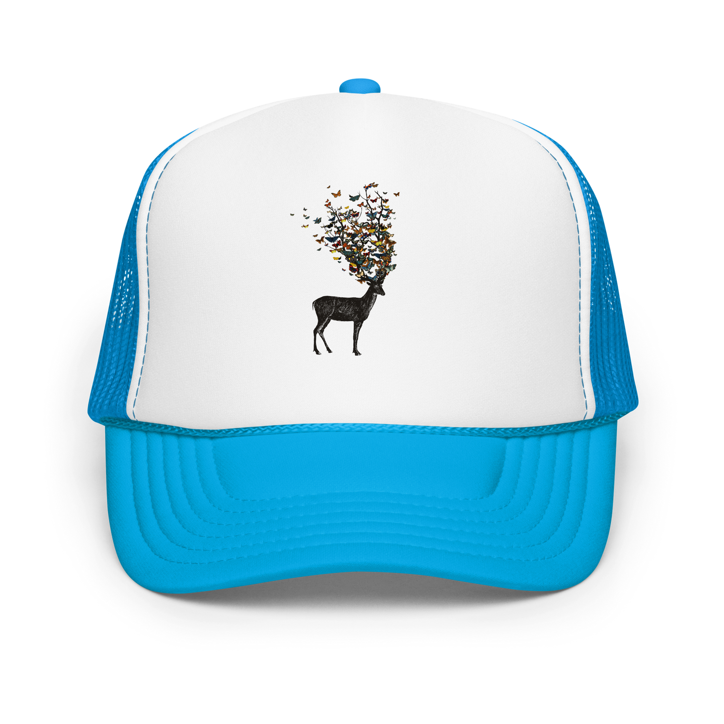 The image depicts a dark, silhouetted deer standing on a neutral background. Instead of branches, its antlers transform into a swirling cloud of vibrant, colorful butterflies that extend upwards and outward. The mix of organic and ethereal elements creates a captivating and whimsical visual contrast.