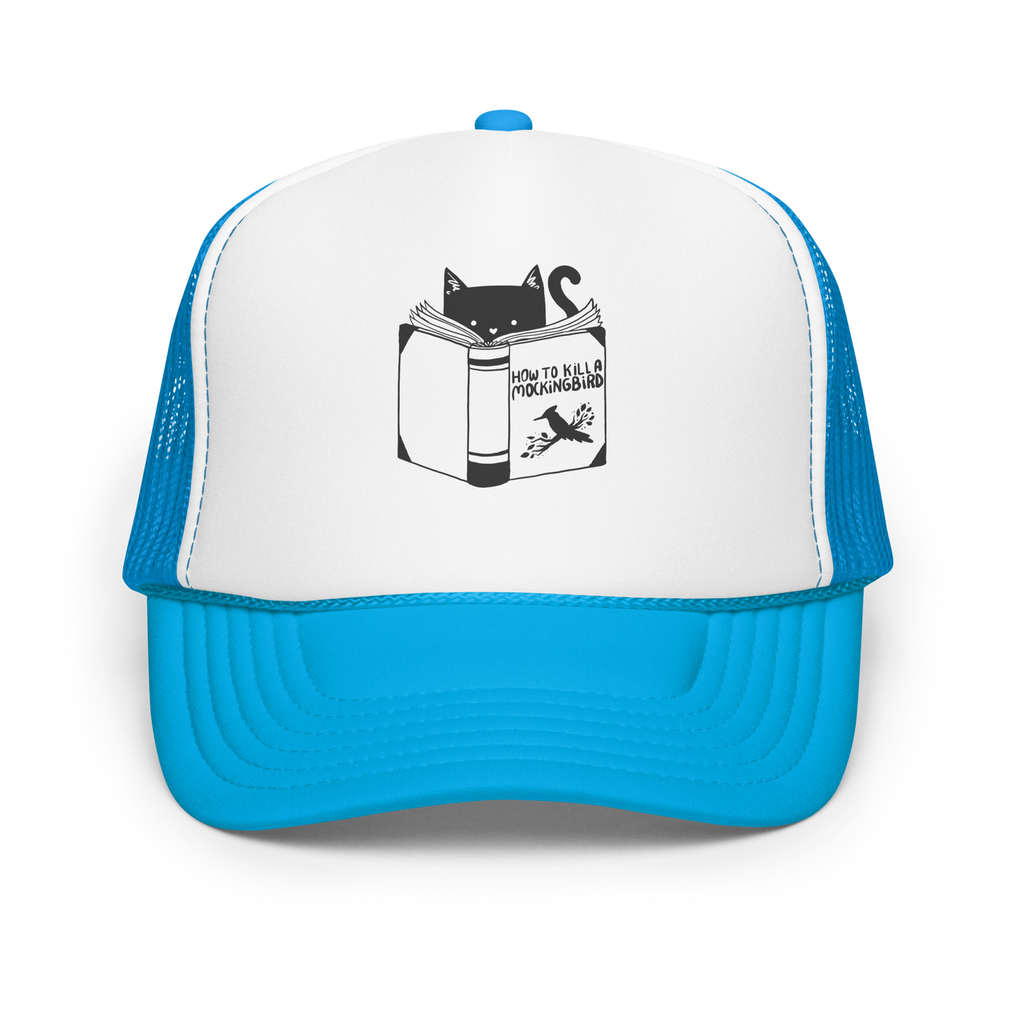 A black and white illustration features a cat peeking over an open book titled 'How to Kill a Mockingbird,' playfully altering the classic novel's title. The cat has a heart-shaped nose and simple, cute facial features. The design is whimsical and ironic, combining classic literature with a humorous twist.