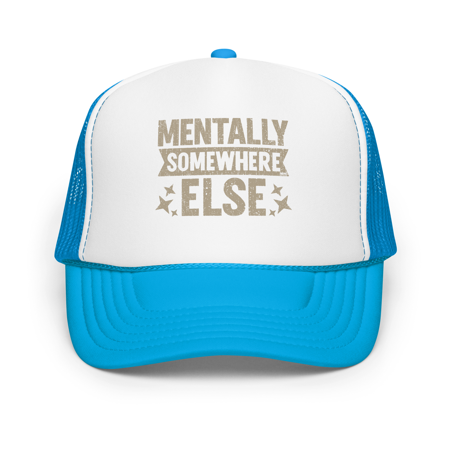Distressed vintage-style text graphic displaying the phrase “Mentally Somewhere Else,” decorated with scattered star icons and a bold, textured font.