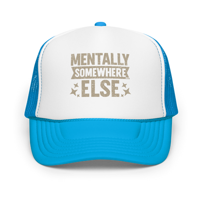 Distressed vintage-style text graphic displaying the phrase “Mentally Somewhere Else,” decorated with scattered star icons and a bold, textured font.