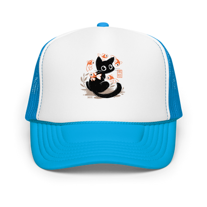 This unique design features a charming black cat amidst playful koi, rendered in beautiful Sumi-e ink style. A perfect blend of Japanese art and anime whimsy for any cat lover.