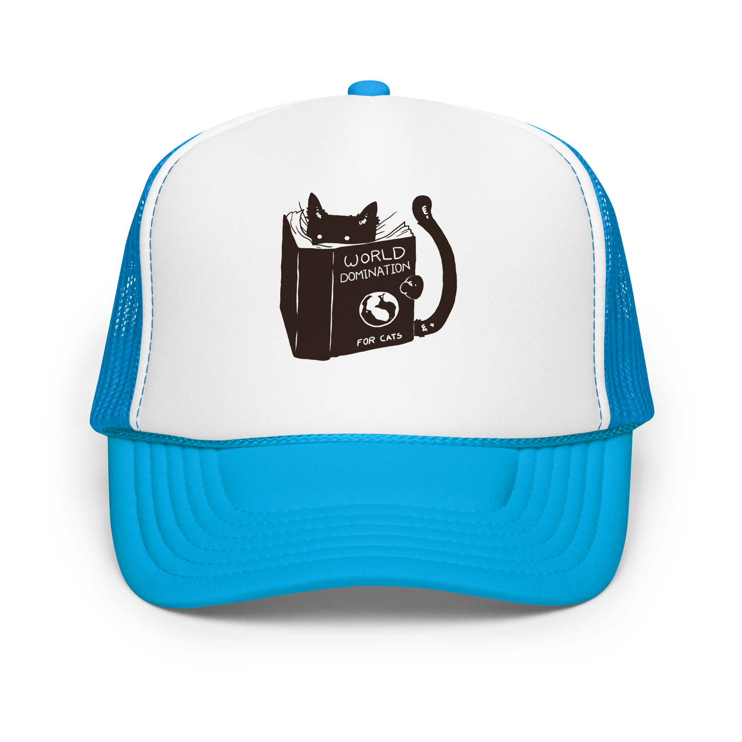 The design features a black silhouette of a cat peeking from behind an oversized book. The book's cover reads 'World Domination for Cats,' and includes a simple drawing of a globe. The cat's eyes are wide open, suggesting either surprise or intense focus on its 'world domination' plans.