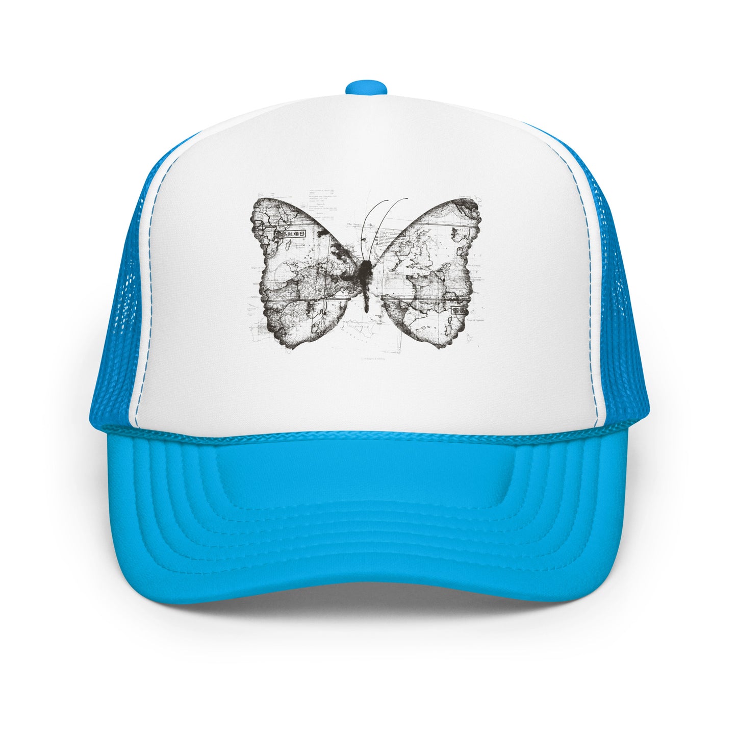 The image features a black and white butterfly where the wings are created using ancient world map designs. The maps overlay in intricate detail, blending geographical elements with the organic shape of the butterfly. Surrounding the butterfly are faint outlines of text and additional geographic features, creating a vintage and exploratory vibe.