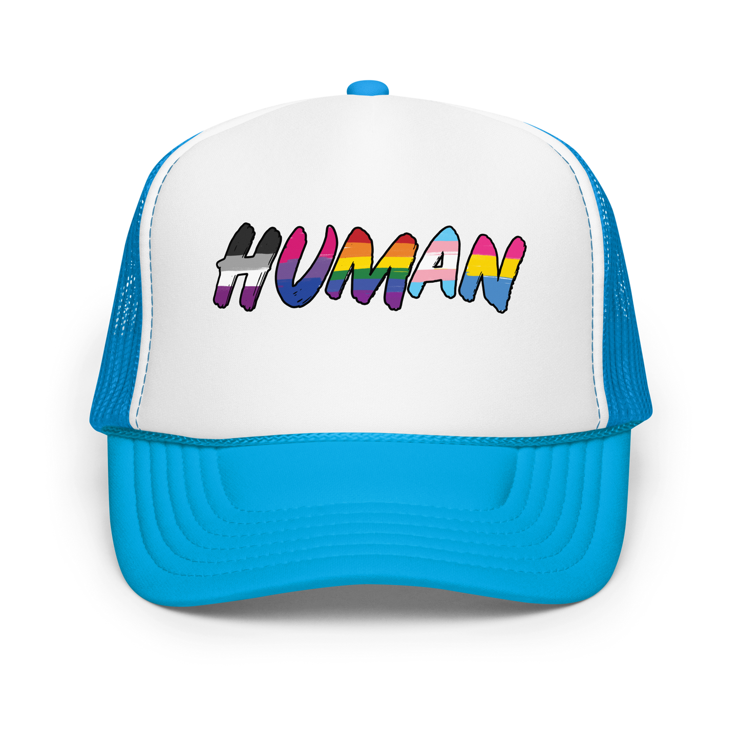 The image displays the word 'HUMAN' in bold, capitalized letters filled with colorful pride flag patterns. The colors within the letters represent different LGBTQ+ pride flags, symbolizing inclusivity and diversity. The background is solid black, which makes the colorful patterns stand out more vibrantly.