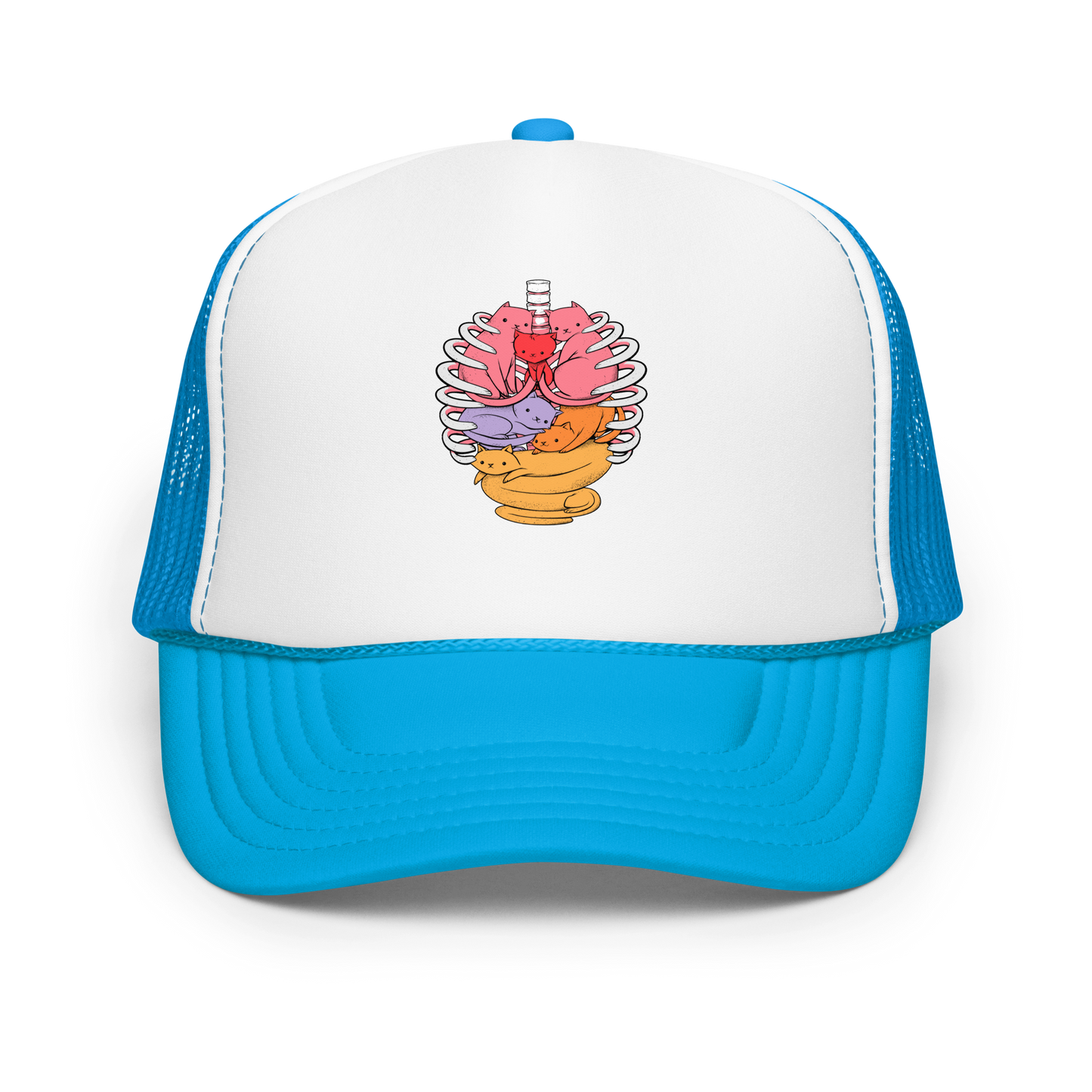 The image features a unique and colorful illustration of six whimsical cats nestled within and around a human ribcage. Each cat is a different bright color, ranging from pink and purple to orange and yellow, creating a visually appealing and vibrant composition. The use of contrasting colors and playful subject matter gives it a charming and eye-catching style.