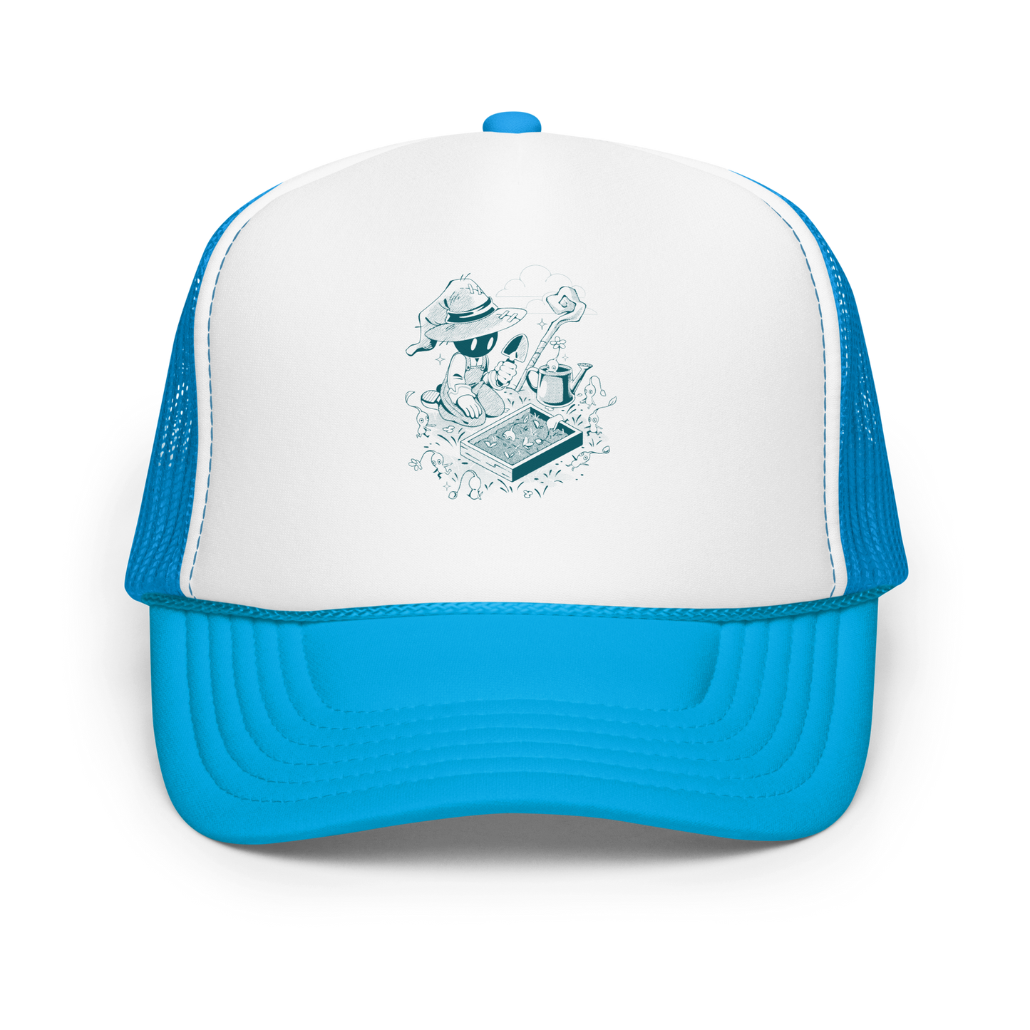 Illustration of a small wizard-like figure kneeling in a garden, using a trowel to plant seedlings while tiny plant creatures gather around, with a staff, watering can, and clouds in the background, drawn in a monochrome teal style.