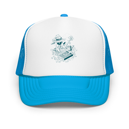 Illustration of a small wizard-like figure kneeling in a garden, using a trowel to plant seedlings while tiny plant creatures gather around, with a staff, watering can, and clouds in the background, drawn in a monochrome teal style.