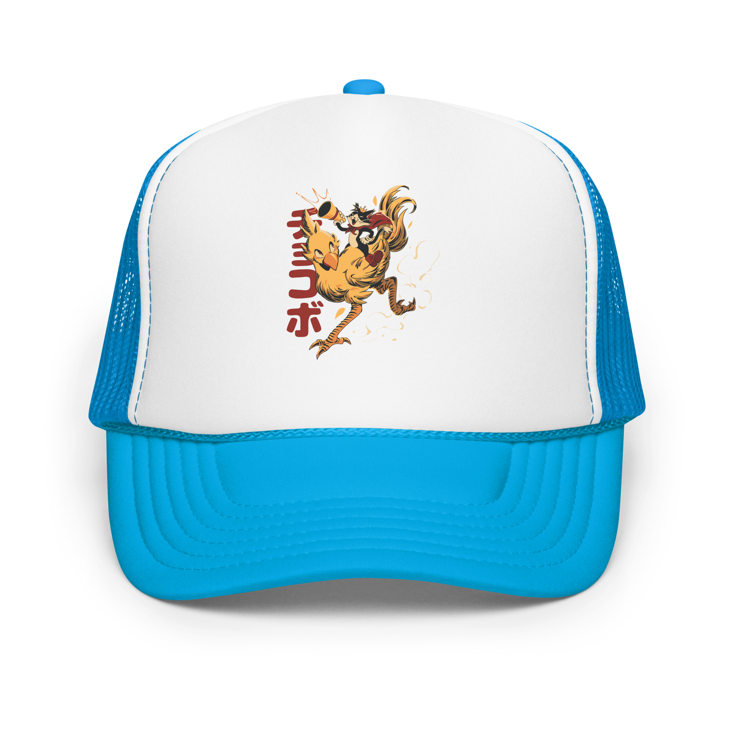 A stylized cartoon illustration of a confident cat wearing a cape and crown while riding a large yellow bird at full speed, with dynamic motion lines and Japanese writing in the background.