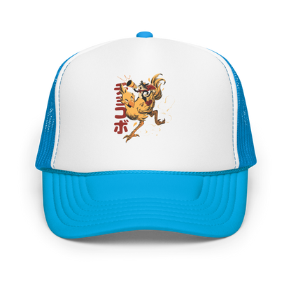 A stylized cartoon illustration of a confident cat wearing a cape and crown while riding a large yellow bird at full speed, with dynamic motion lines and Japanese writing in the background.