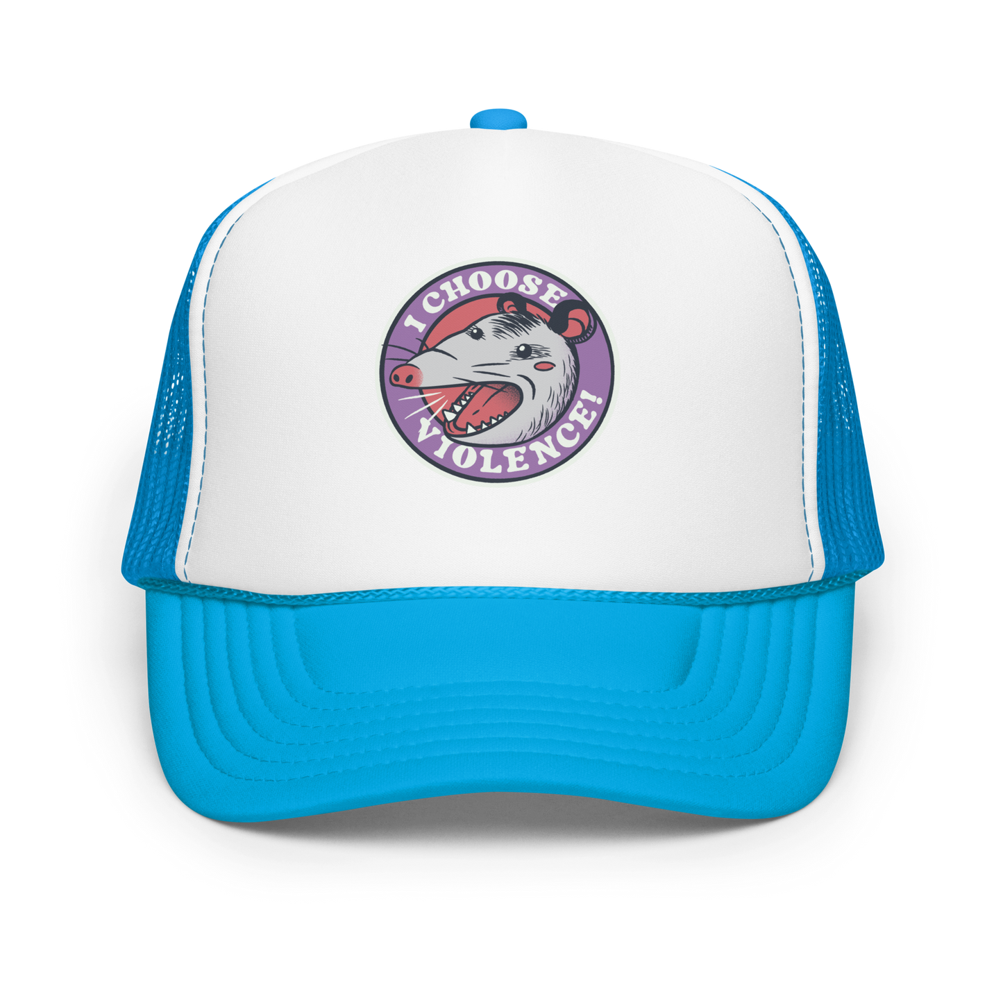 A circular design featuring an opossum with an open mouth showing sharp teeth, set against a red and purple background. Surrounding the animal, the text reads 'I Choose Violence!' in bold, white letters. The opossum has a somewhat comical yet aggressive expression. The design has an edgy, cartoon-like style, suitable for various products like t-shirts and stickers.