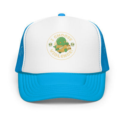 Cute green fantasy creature holding a lantern and a small weapon, surrounded by skull icons and the bold phrase “I Choose Violence!” in a circular badge-style design.