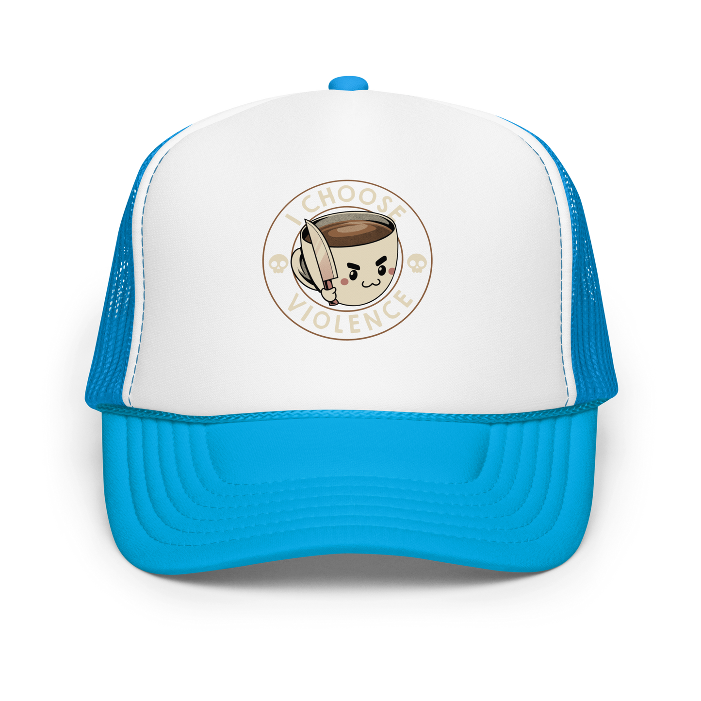 This image features a cute, cartoonish white coffee cup filled with coffee, with a determined facial expression, holding a sharp knife. The cup is framed by the circular text 'I CHOOSE VIOLENCE' in bold letters. On either side of the cup, there are small, white skull icons, adding a humorous yet dark twist to the design.