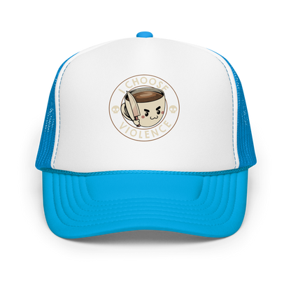 This image features a cute, cartoonish white coffee cup filled with coffee, with a determined facial expression, holding a sharp knife. The cup is framed by the circular text 'I CHOOSE VIOLENCE' in bold letters. On either side of the cup, there are small, white skull icons, adding a humorous yet dark twist to the design.