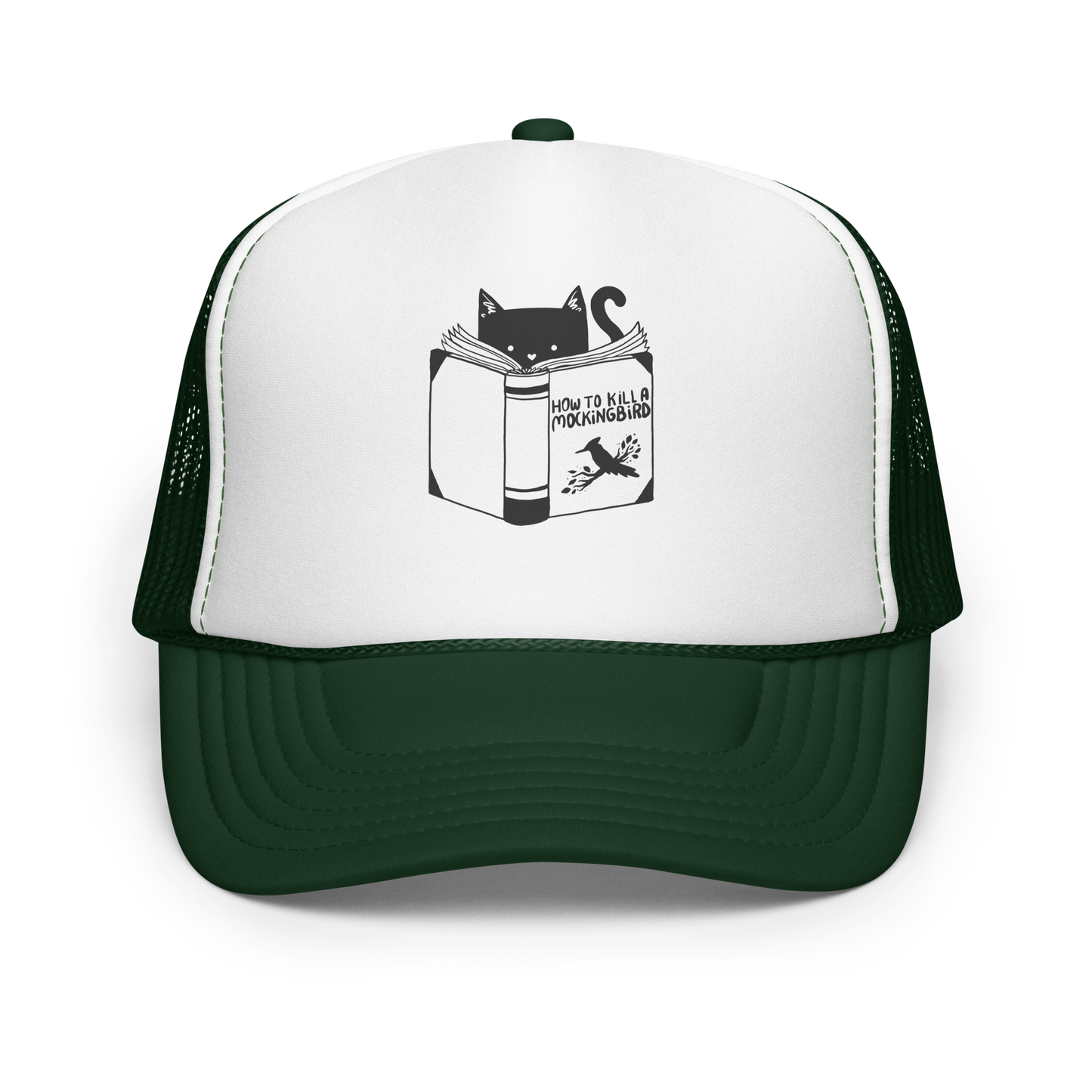 A black and white illustration features a cat peeking over an open book titled 'How to Kill a Mockingbird,' playfully altering the classic novel's title. The cat has a heart-shaped nose and simple, cute facial features. The design is whimsical and ironic, combining classic literature with a humorous twist.