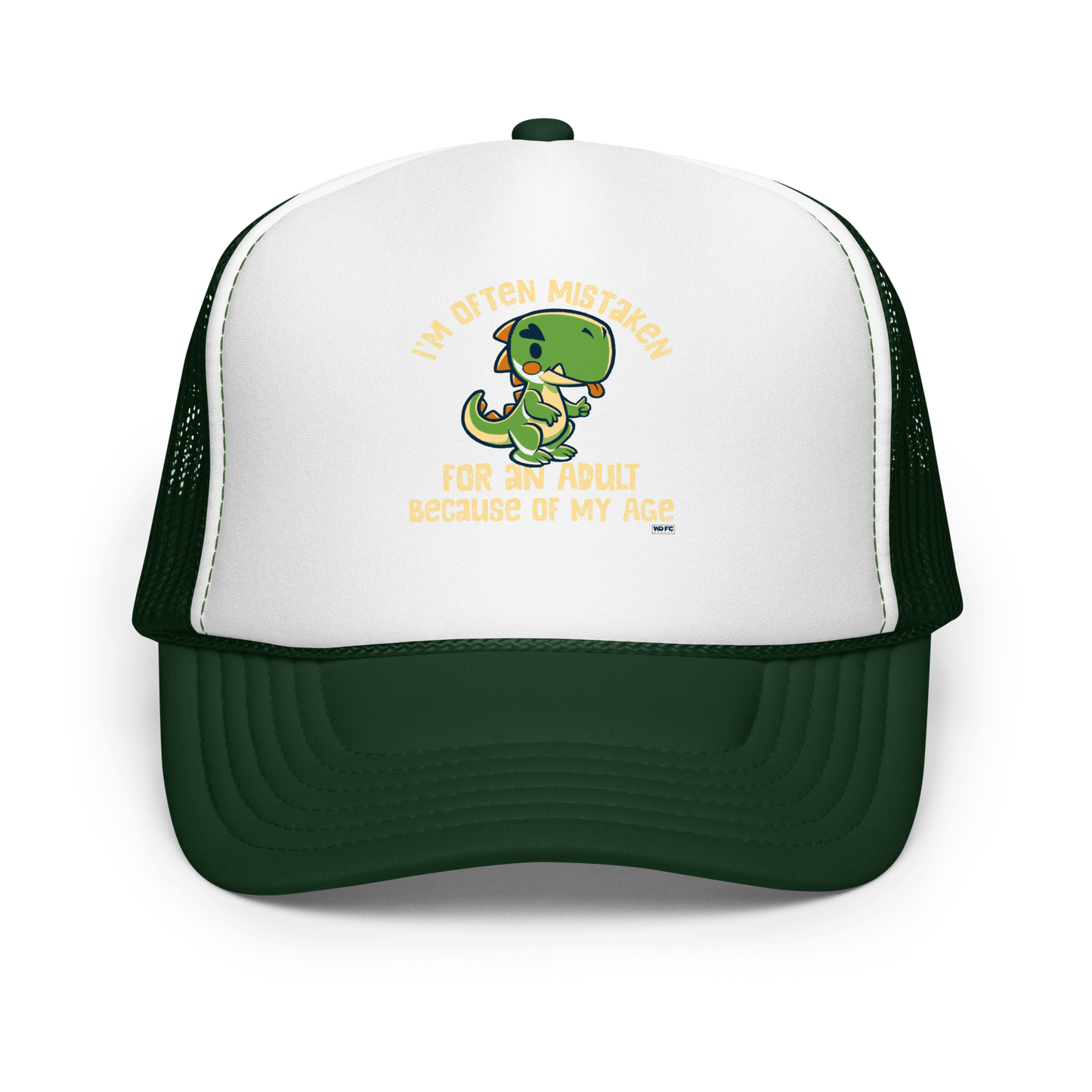 Cute cartoon dinosaur standing with a funny expression, accompanied by the humorous phrase “I’m Often Mistaken for an Adult Because of My Age” in bold distressed lettering.