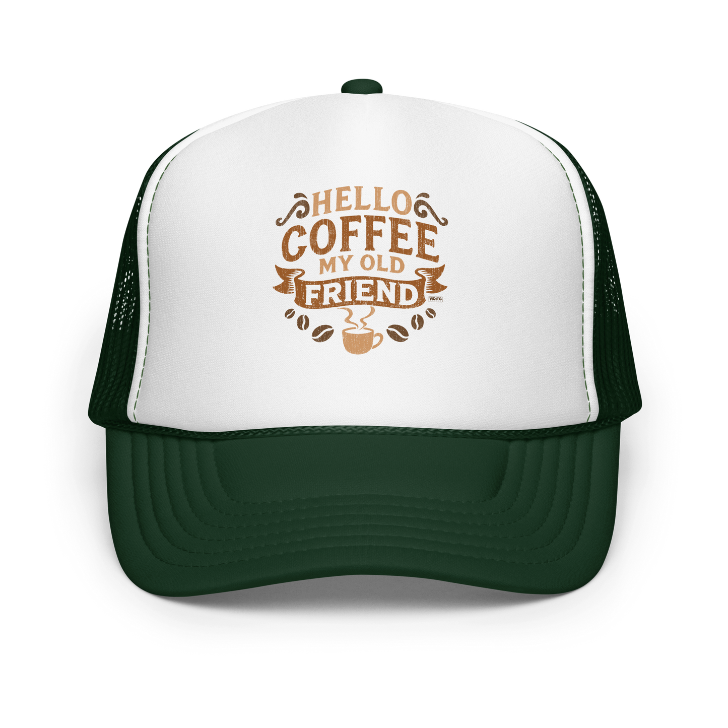 Vintage-style graphic featuring the phrase “Hello Coffee My Old Friend” in bold brown lettering, surrounded by decorative flourishes, coffee beans, and a steaming coffee cup.