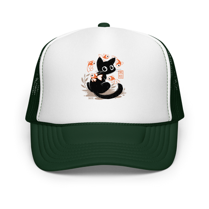 This unique design features a charming black cat amidst playful koi, rendered in beautiful Sumi-e ink style. A perfect blend of Japanese art and anime whimsy for any cat lover.