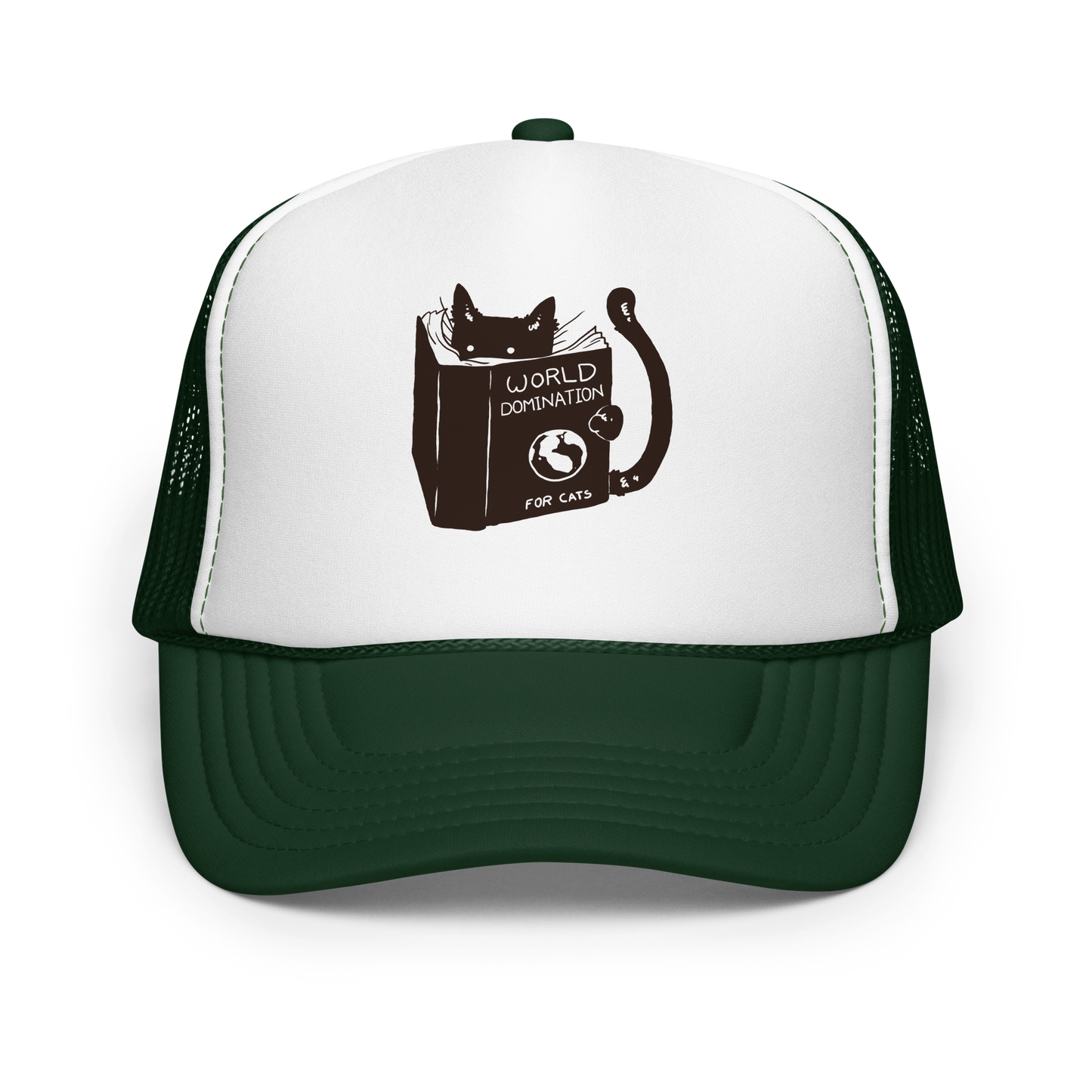 The design features a black silhouette of a cat peeking from behind an oversized book. The book's cover reads 'World Domination for Cats,' and includes a simple drawing of a globe. The cat's eyes are wide open, suggesting either surprise or intense focus on its 'world domination' plans.