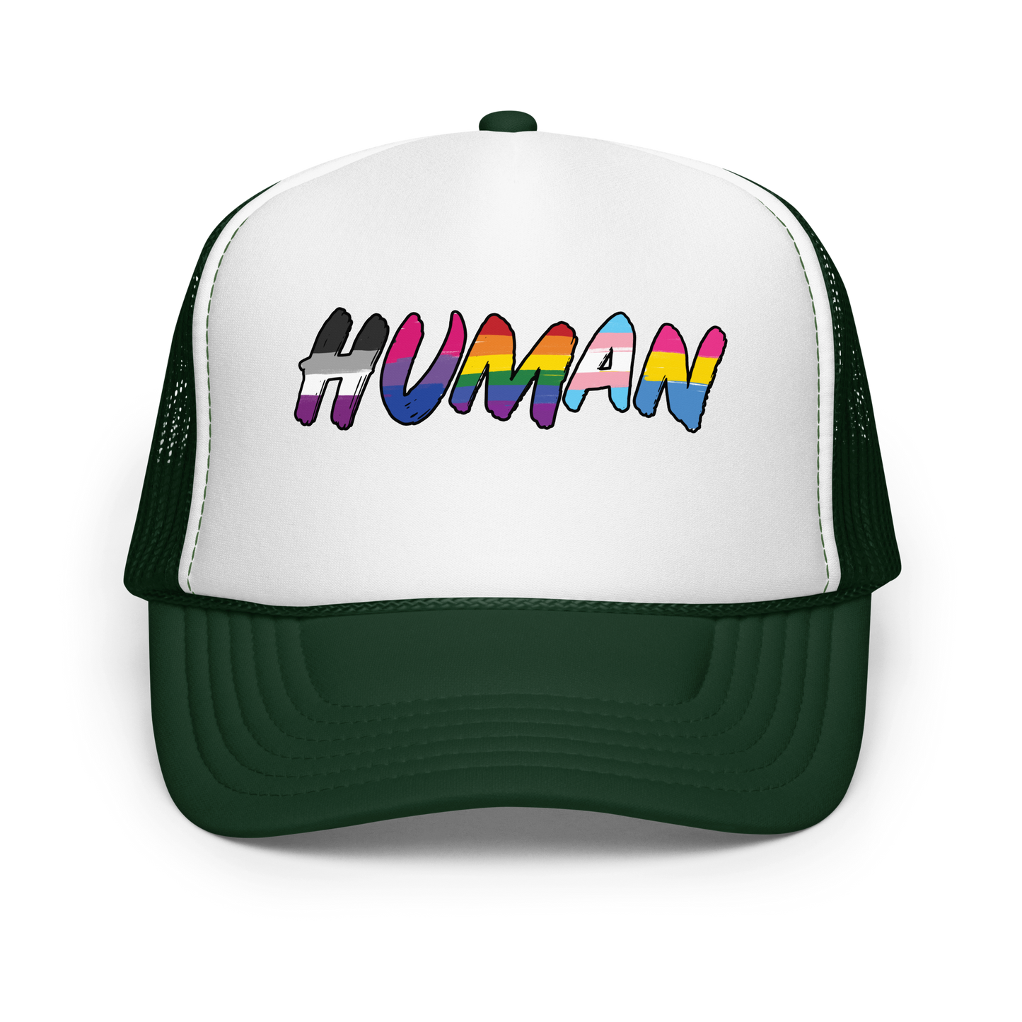 The image displays the word 'HUMAN' in bold, capitalized letters filled with colorful pride flag patterns. The colors within the letters represent different LGBTQ+ pride flags, symbolizing inclusivity and diversity. The background is solid black, which makes the colorful patterns stand out more vibrantly.