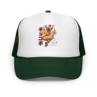 A speedy yellow bird dashes forward with a tiny mage rider gripping tight and ready for action. A fun and nostalgic design full of movement and fantasy charm.