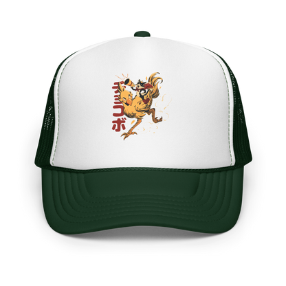 A stylized cartoon illustration of a confident cat wearing a cape and crown while riding a large yellow bird at full speed, with dynamic motion lines and Japanese writing in the background.