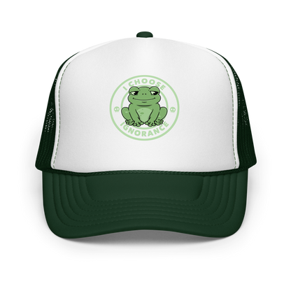 The image shows a cartoonish green frog with a sly smile, sitting with legs splayed out. Around it, the phrase 'I CHOOSE IGNORANCE' is written in bold letters. Two small skull designs are included, one on each side of the frog. The style is playful and ironic, blending elements of humor and rebellion.