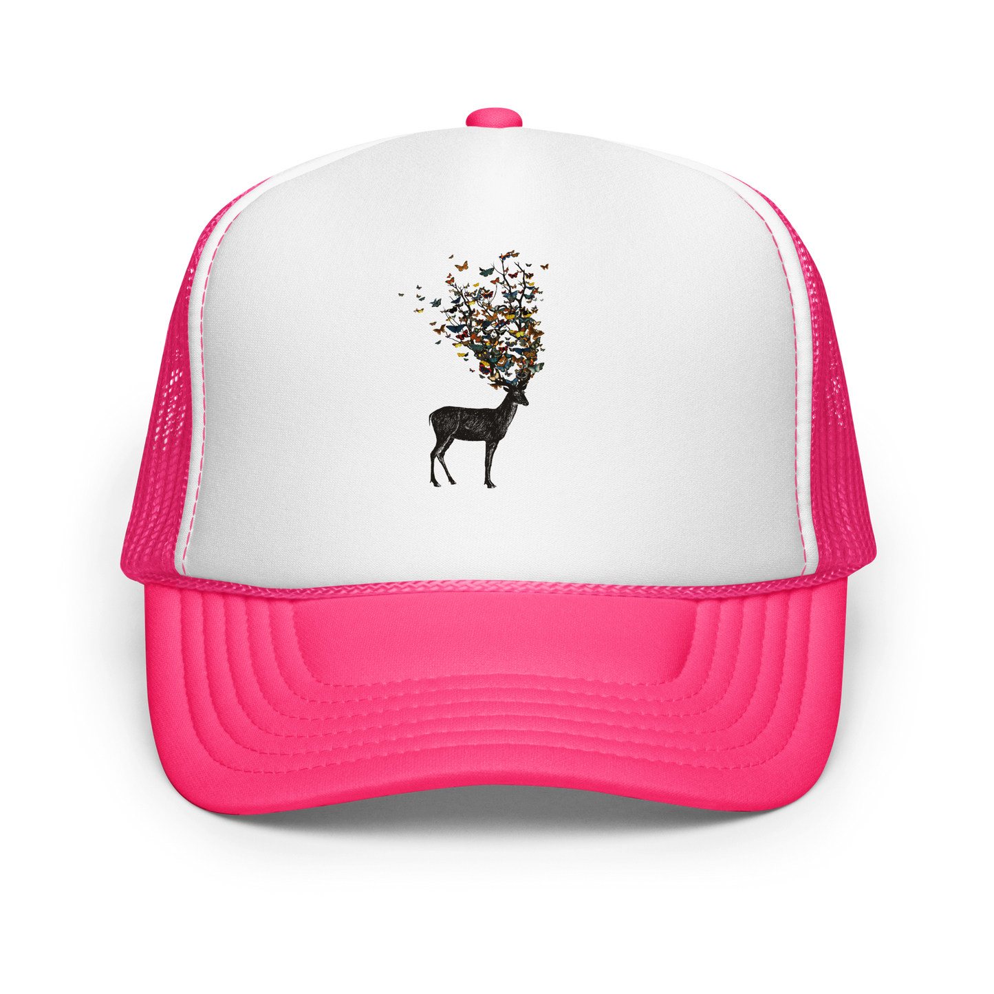 The image depicts a dark, silhouetted deer standing on a neutral background. Instead of branches, its antlers transform into a swirling cloud of vibrant, colorful butterflies that extend upwards and outward. The mix of organic and ethereal elements creates a captivating and whimsical visual contrast.