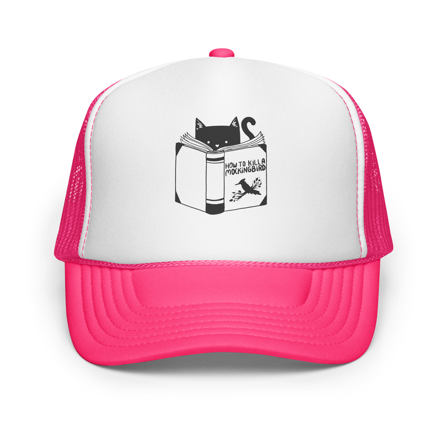 A black and white illustration features a cat peeking over an open book titled 'How to Kill a Mockingbird,' playfully altering the classic novel's title. The cat has a heart-shaped nose and simple, cute facial features. The design is whimsical and ironic, combining classic literature with a humorous twist.